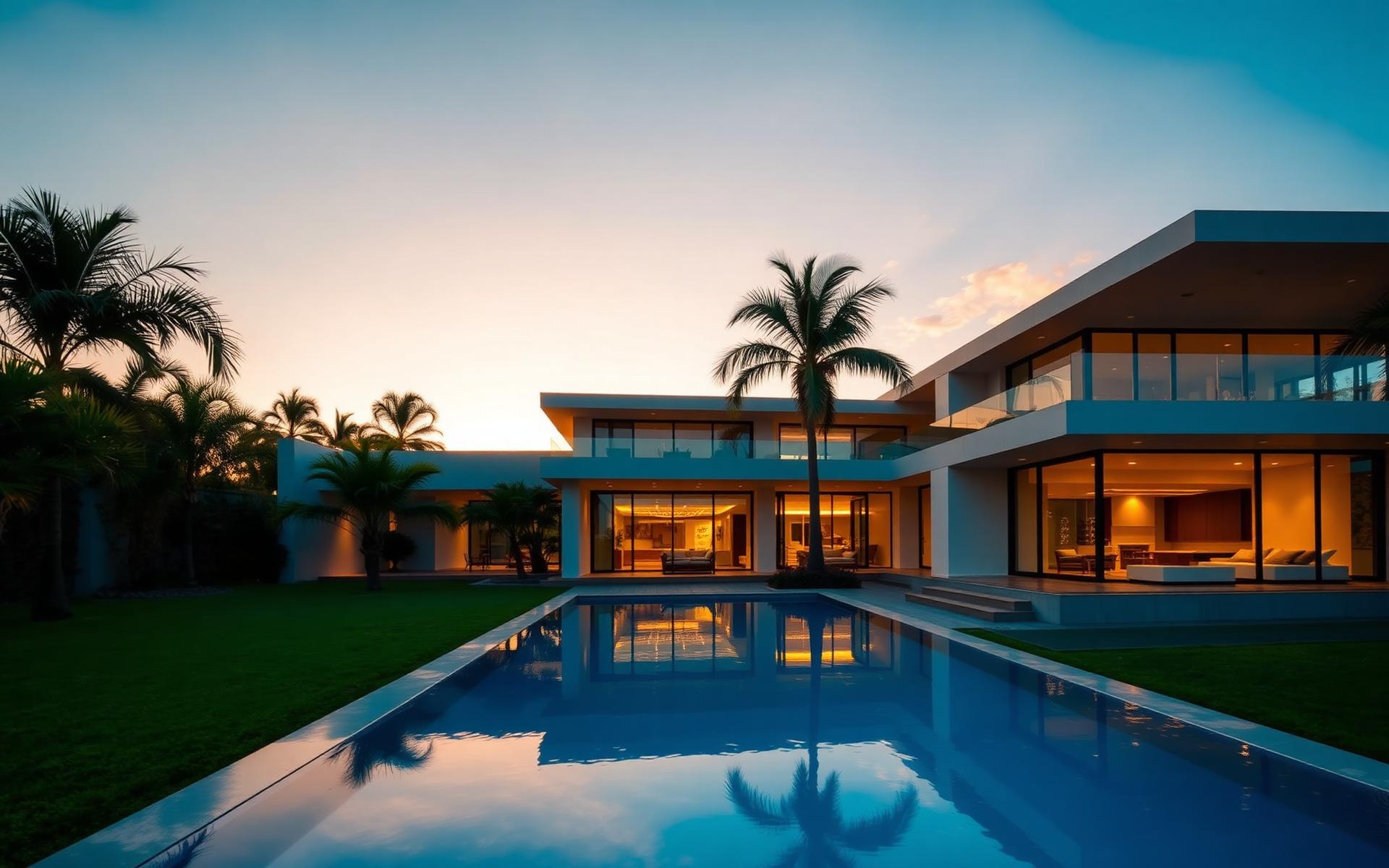 Casa moderna com piscina ao pôr do sol